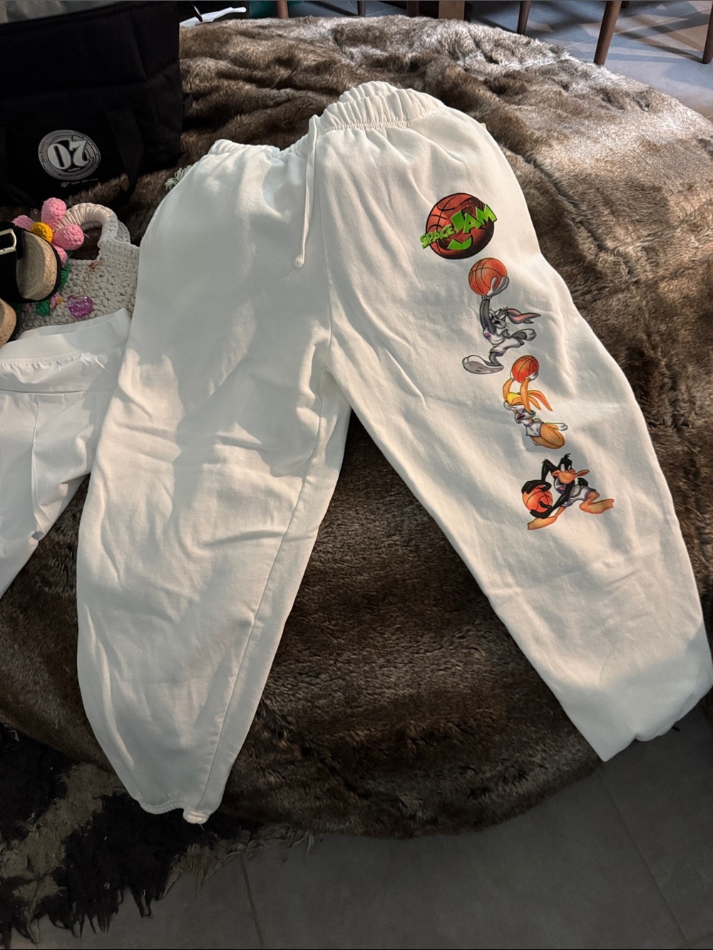 Warner Bros. White Space Jam Character Jogger Sweatpants with Colorful Prints